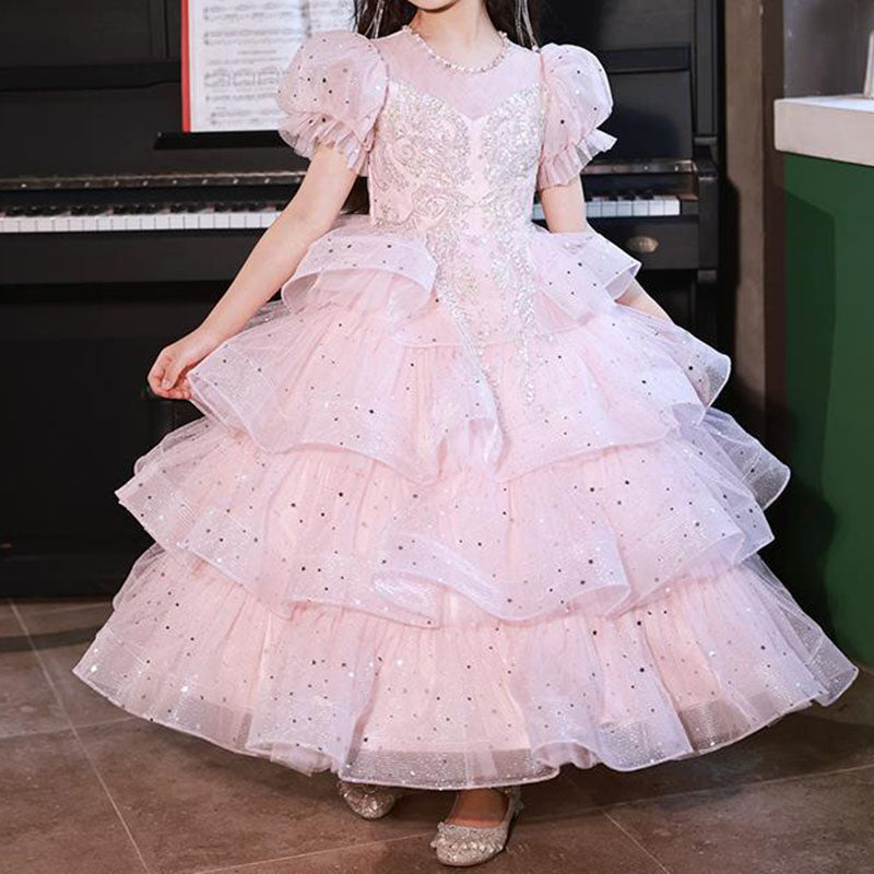 Girls' Pink Sequin Tiered Tulle Princess Dress – Special Occasion & Flower Girl Gown