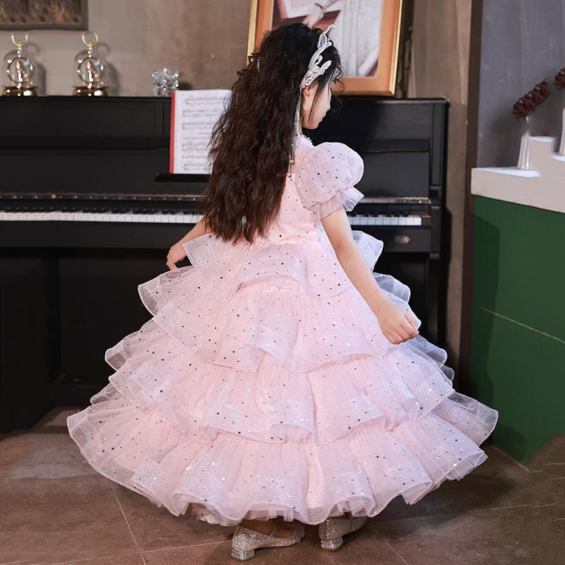 Girls' Pink Sequin Tiered Tulle Princess Dress – Special Occasion & Flower Girl Gown