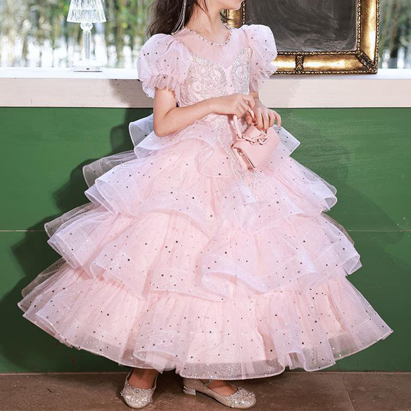 Girls' Pink Sequin Tiered Tulle Princess Dress – Special Occasion & Flower Girl Gown