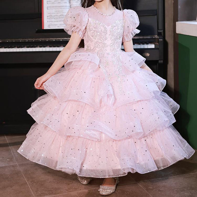Girls' Pink Sequin Tiered Tulle Princess Dress – Special Occasion & Flower Girl Gown