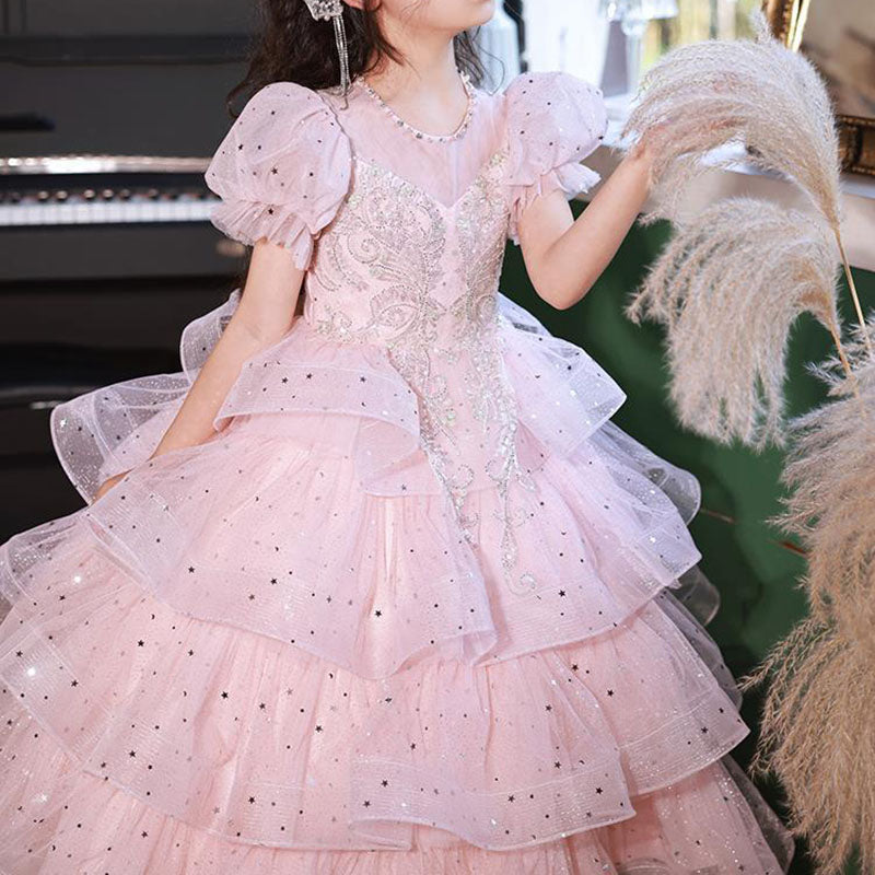 Girls' Pink Sequin Tiered Tulle Princess Dress – Special Occasion & Flower Girl Gown