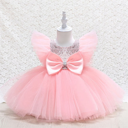 Sequin Tulle A-Line Flower Girl Dress Cap Sleeve Bow Knee