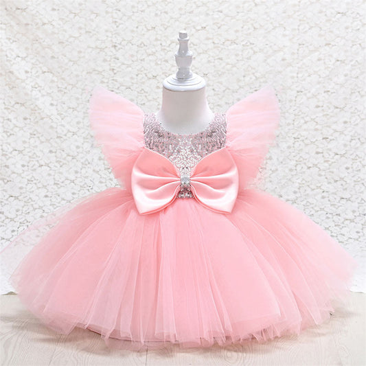 Sequin Tulle A-Line Flower Girl Dress Cap Sleeve Bow Knee