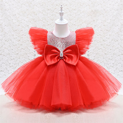 Sequin Tulle A-Line Flower Girl Dress Cap Sleeve Bow Knee