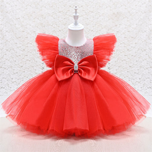 Sequin Tulle A-Line Flower Girl Dress Cap Sleeve Bow Knee