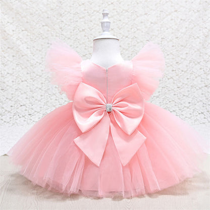 Sequin Tulle A-Line Flower Girl Dress Cap Sleeve Bow Knee
