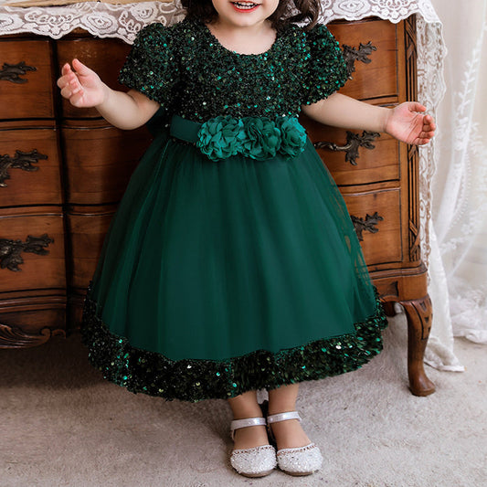 Sequin Tulle Flower Ball Gown Dress for Girls - Party & Special Occasion Outfit