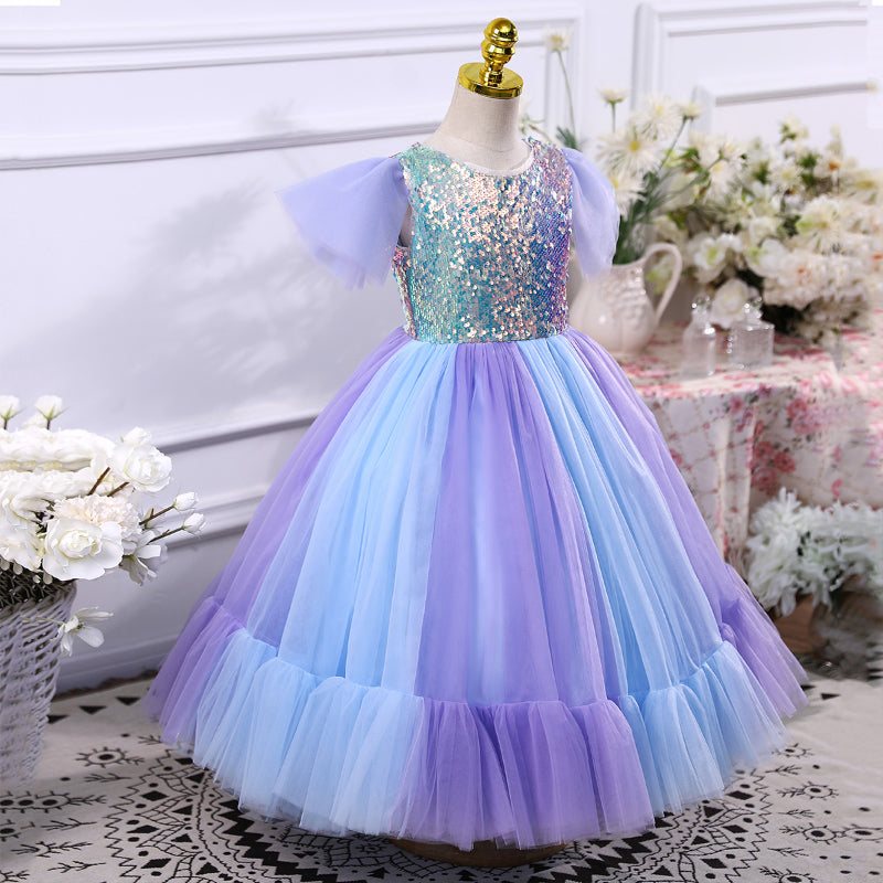 Multicolor Sequin Tulle Princess Dress for Girls, Floor Length, Ages 3-8