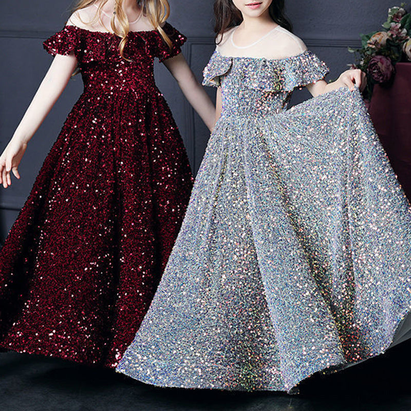 Sequined A-Line Flower Girl Dress Cold Shoulder Ruffle