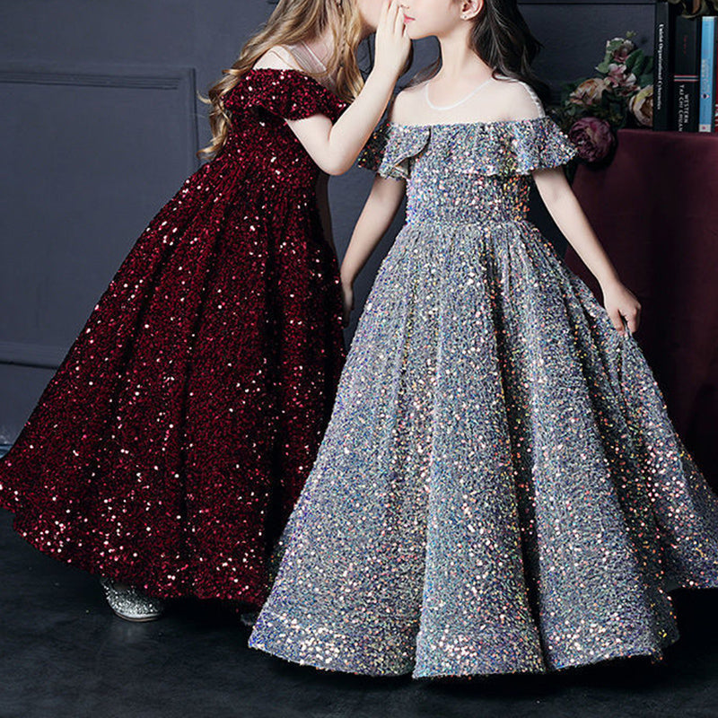 Sequined A-Line Flower Girl Dress Cold Shoulder Ruffle