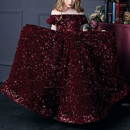 Sequined A-Line Flower Girl Dress Cold Shoulder Ruffle