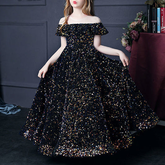 Sequined A-Line Flower Girl Dress Cold Shoulder Ruffle