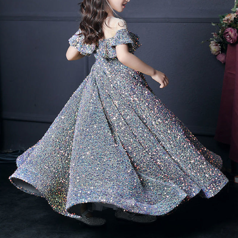 Sequined A-Line Flower Girl Dress Cold Shoulder Ruffle