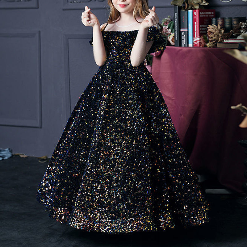 Sequined A-Line Flower Girl Dress Cold Shoulder Ruffle