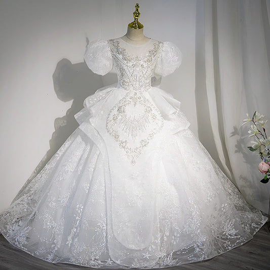 Shiny Sequined Princess Flower Girl Dress with Illusion Neckline | White Tiered Gown for Special Occasions