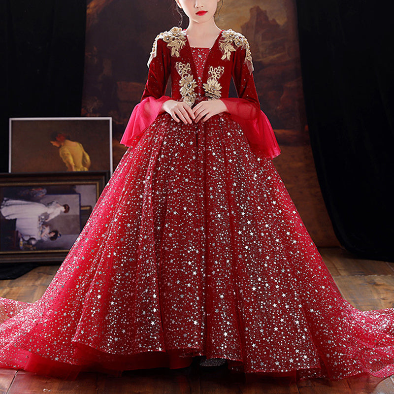 Sequined Princess Flower Girl Dress Lace Bell Long Sleeve