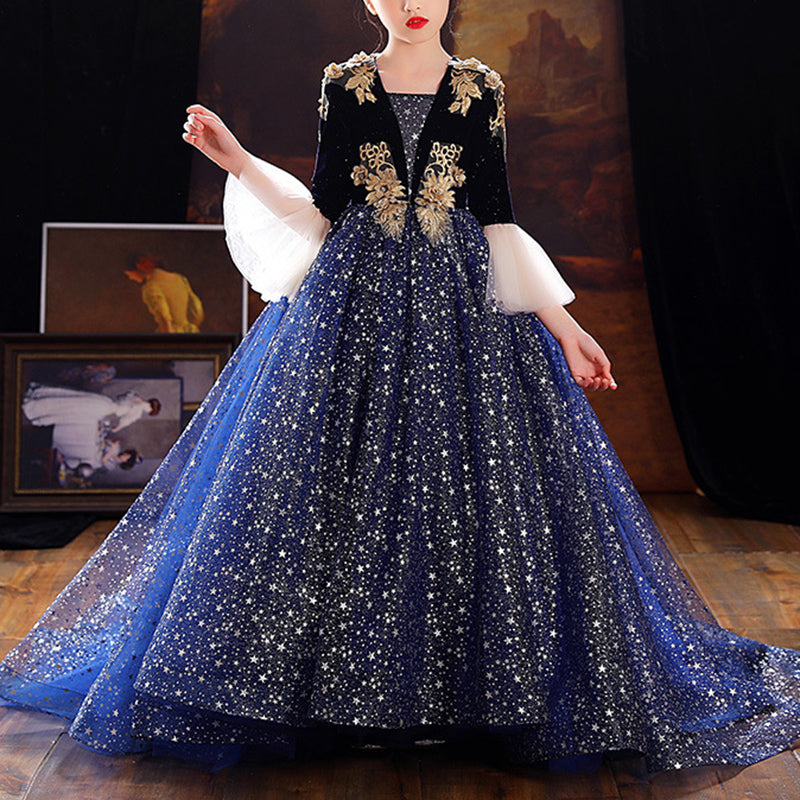Sequined Princess Flower Girl Dress Lace Bell Long Sleeve