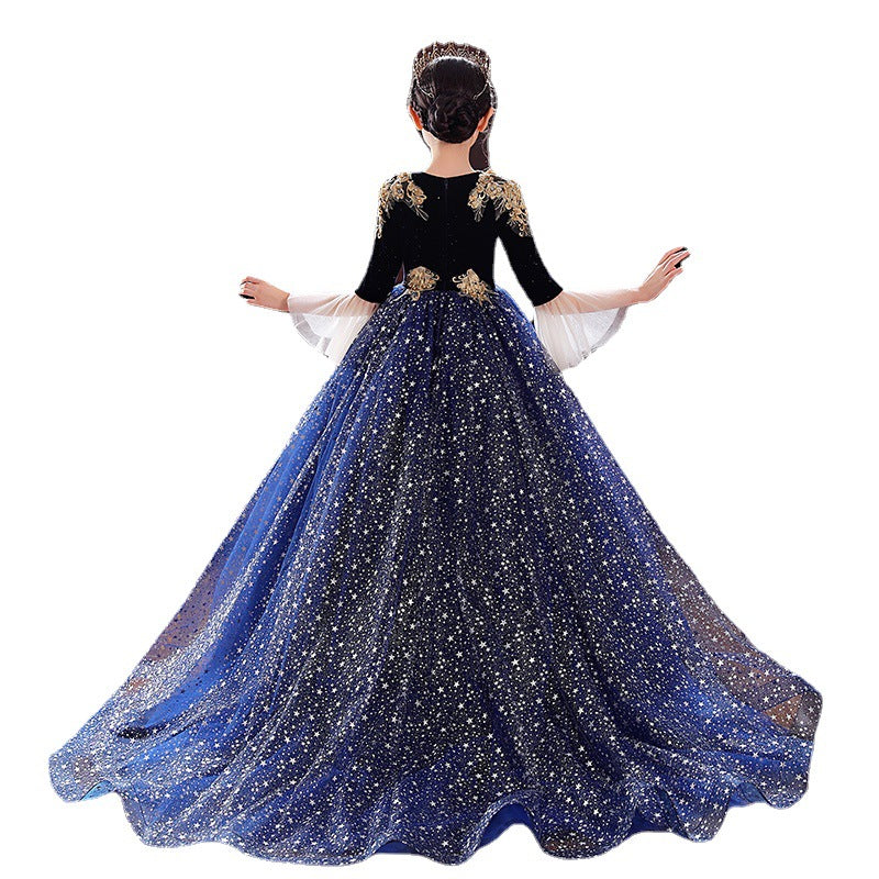 Sequined Princess Flower Girl Dress Lace Bell Long Sleeve