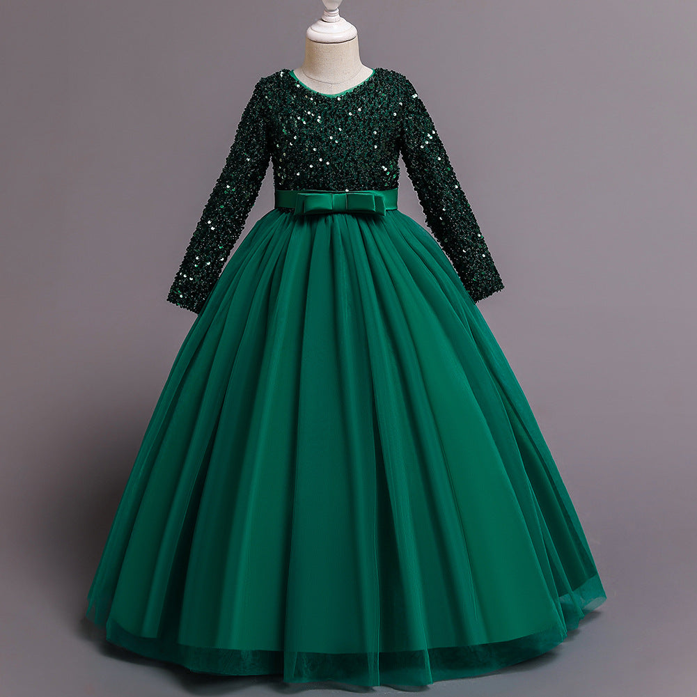 Sequined Tulle A-Line Flower Girl Dress V-Neck Long Sleeve