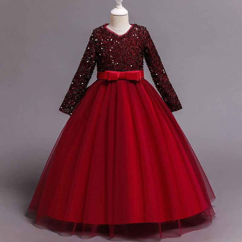 Sequined Tulle A-Line Flower Girl Dress V-Neck Long Sleeve