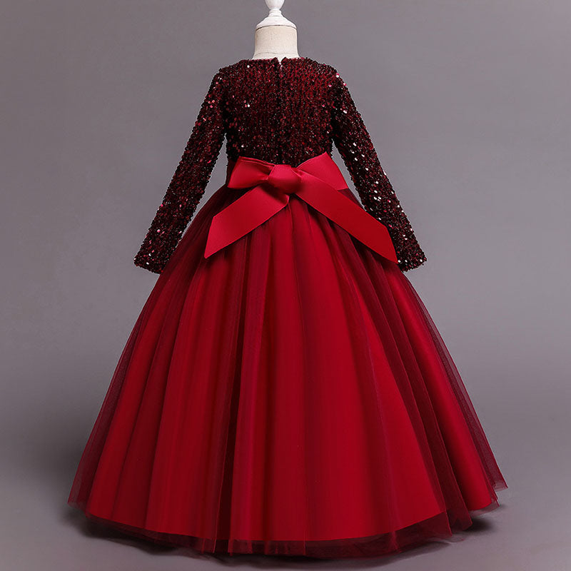 Sequined Tulle A-Line Flower Girl Dress V-Neck Long Sleeve