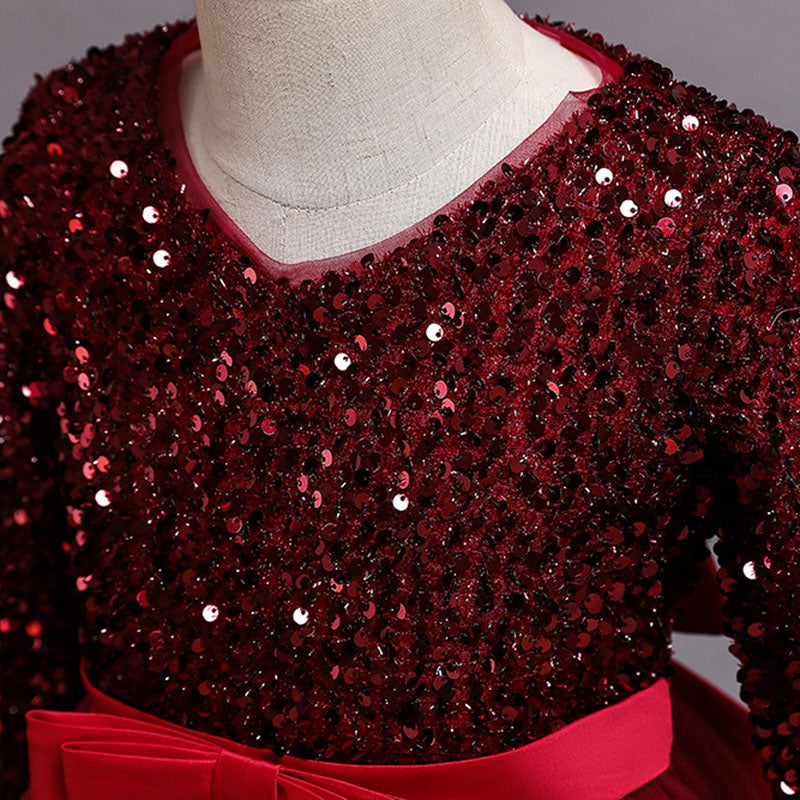 Sequined Tulle A-Line Flower Girl Dress V-Neck Long Sleeve
