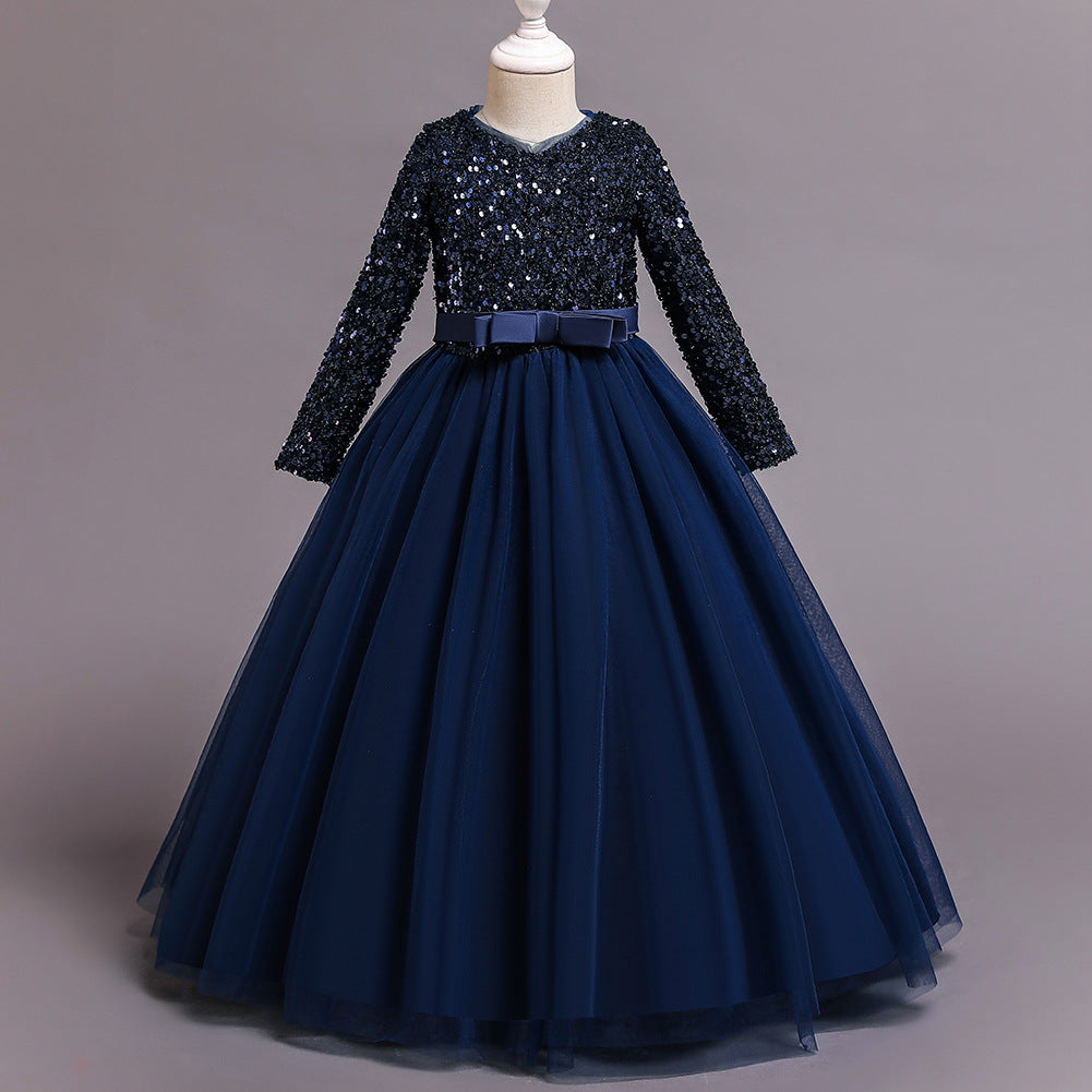 Sequined Tulle A-Line Flower Girl Dress V-Neck Long Sleeve