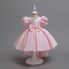 Short Sleeve Princess Tea Length Satin Dress with Bow for Girls