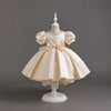 Short Sleeve Princess Tea Length Satin Dress with Bow for Girls