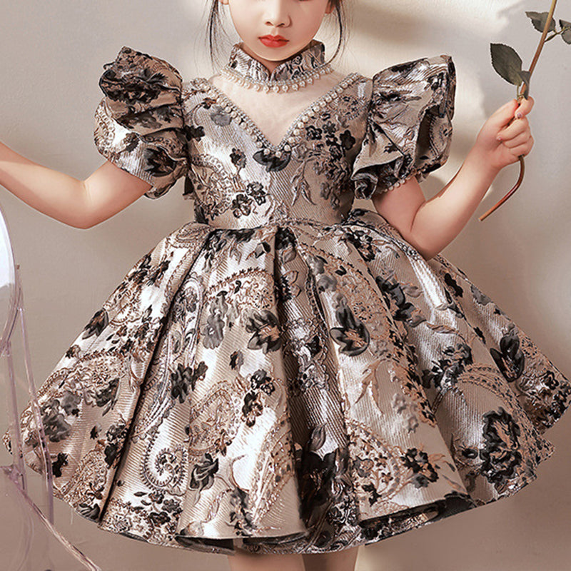 Silver Beaded Satin Princess Dress - Puff Sleeves