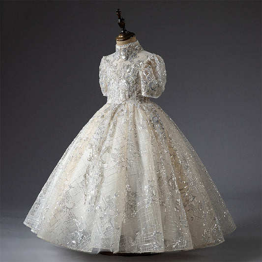Silver Sequin A-Line Flower Girl Dress Turtle Neck Puff