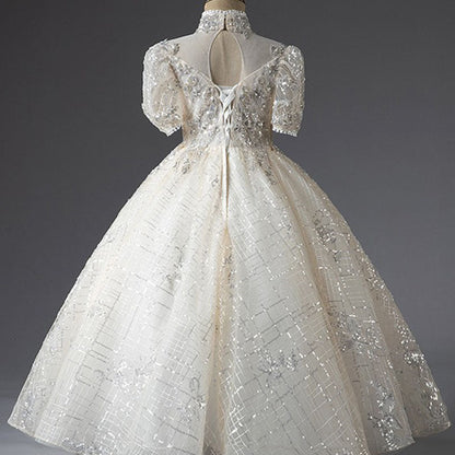 Silver Sequin A-Line Flower Girl Dress Turtle Neck Puff