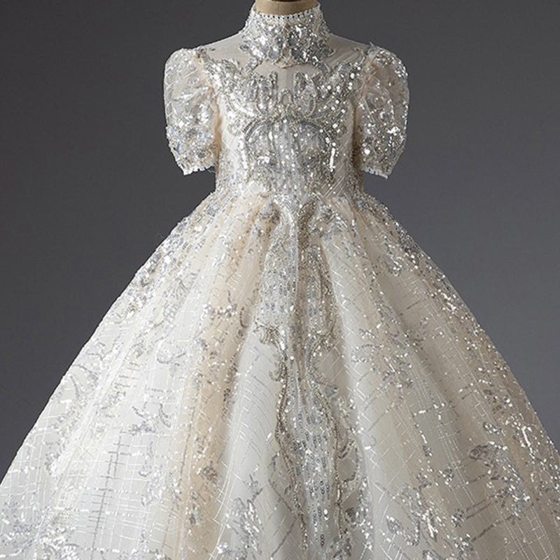 Silver Sequined A-Line Flower Girl Dress Puff Sleeve