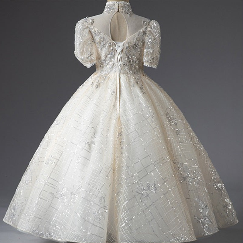 Silver Sequined A-Line Flower Girl Dress Puff Sleeve