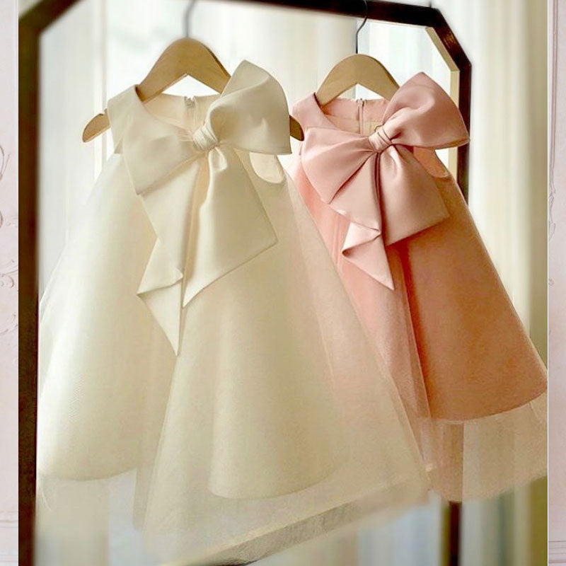Sleeveless A-Line Flower Girl Dress with Bow and Tulle Skirt