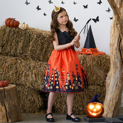 Orange Sleeveless A-Line Tea Length Dress with Bow for Kids | Party & Photo Shoot Outfit
