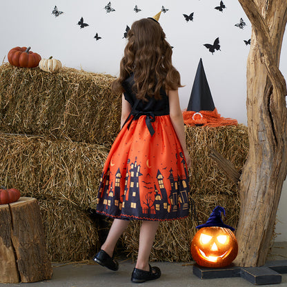 Orange Sleeveless A-Line Tea Length Dress with Bow for Kids | Party & Photo Shoot Outfit
