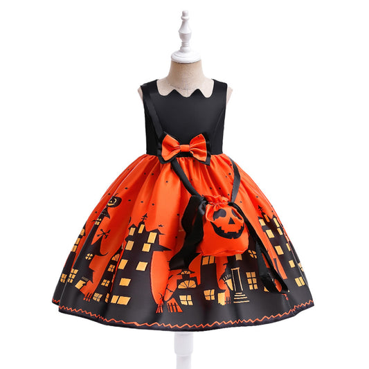 Orange Sleeveless A-Line Tea Length Dress with Bow for Kids | Party & Photo Shoot Outfit