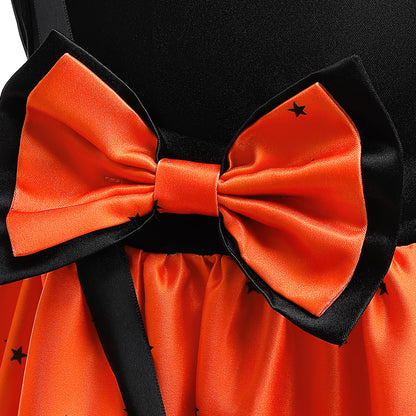 Orange Sleeveless A-Line Tea Length Dress with Bow for Kids | Party & Photo Shoot Outfit