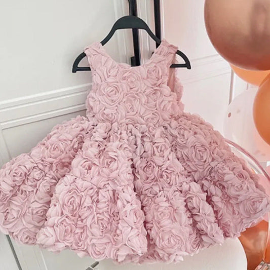 Pink Sleeveless Tulle Ball Gown for Girls with Floral Appliqué – Flower Girl & Birthday Dress