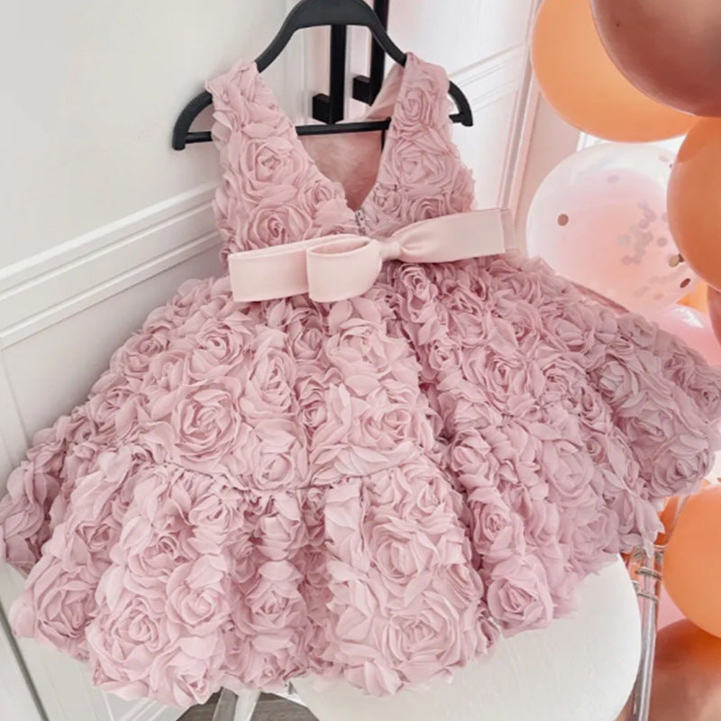 Pink Sleeveless Tulle Ball Gown for Girls with Floral Appliqué – Flower Girl & Birthday Dress