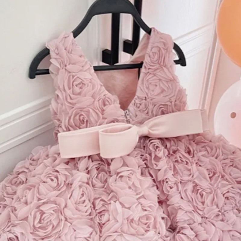 Pink Sleeveless Tulle Ball Gown for Girls with Floral Appliqué – Flower Girl & Birthday Dress