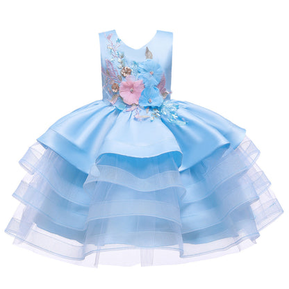 Sleeveless Princess Flower Girl Dress with Organza Flowers