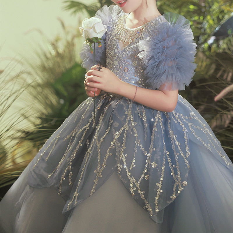Sparkling Dusty Blue A-Line Flower Girl Dress | Sequins & Ruffles