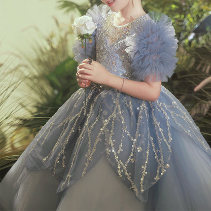 Sparkling Dusty Blue A-Line Flower Girl Dress | Sequins & Ruffles