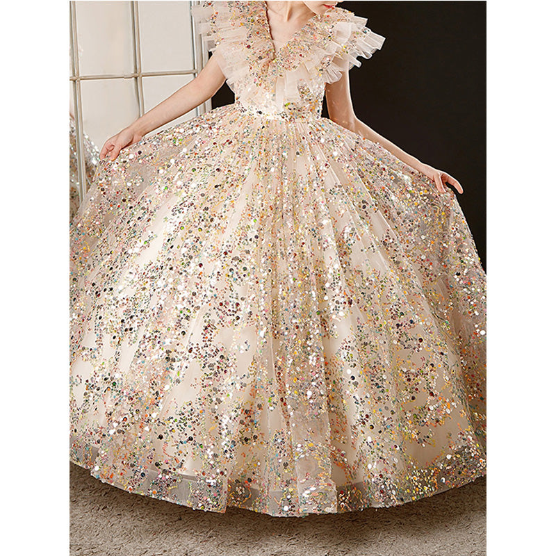 Sparkling Gold A-Line Flower Girl Dress with Sequins