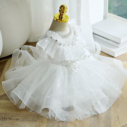 Sparkling White A-Line Flower Girl Dress | Sequins & Puff Sleeves