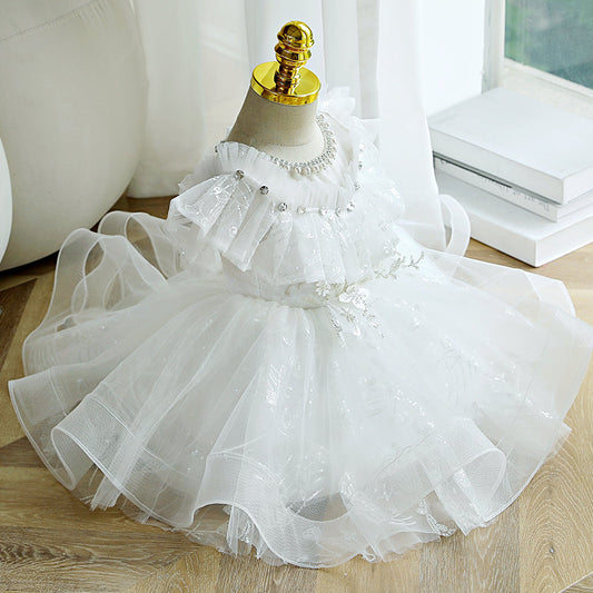 Sparkling White A-Line Flower Girl Dress | Sequins & Puff Sleeves