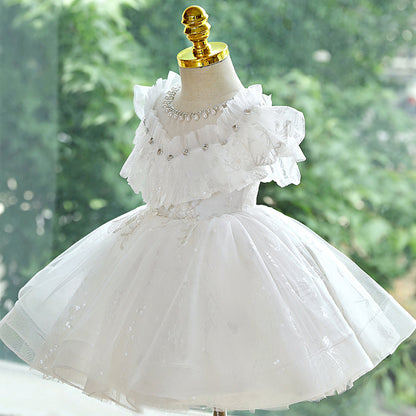 Sparkling White A-Line Flower Girl Dress | Sequins & Puff Sleeves