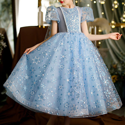 Sparkly A-Line Sequin Flower Girl Dress with Puff Sleeves